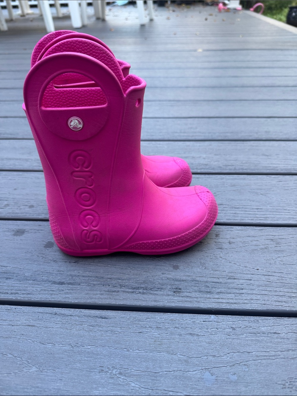 CROCS Kids Bright Pink Waterproof Rain Boots with Easy Pull Handles